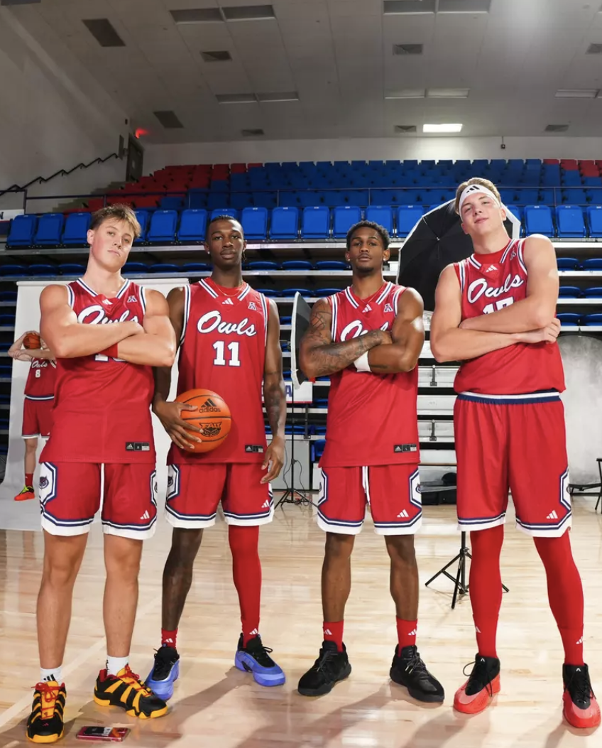 FAU men’s basketball team during Media Day on Oct. 7. Pictured are (left to right) Jack Johnson, Jakel Powell, Devin Vanterpool and Mantas Kocanas. 